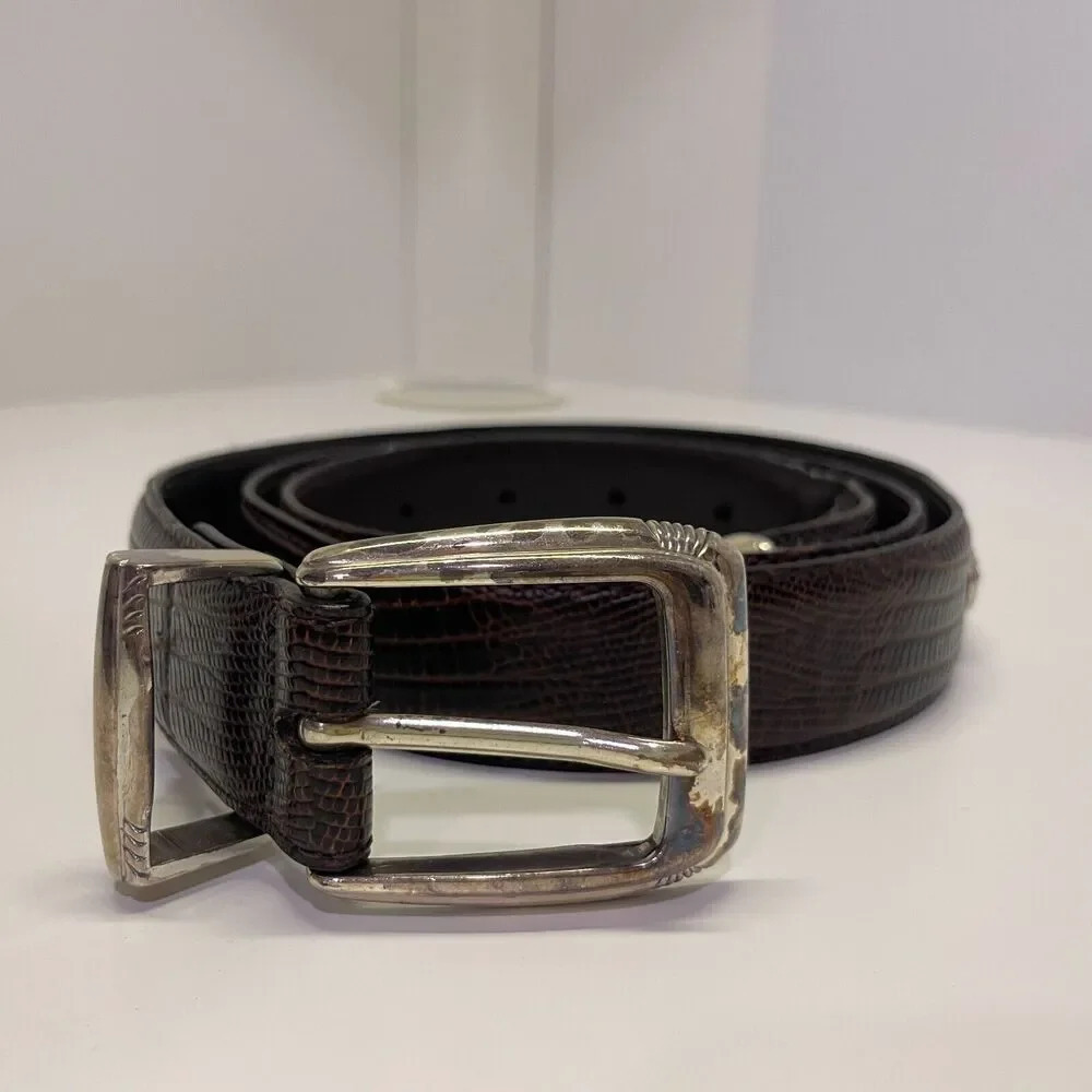 FootJoy Brown Leather Golf Belt‎ Silver Buckle Embossed Croc Pattern Adjustable